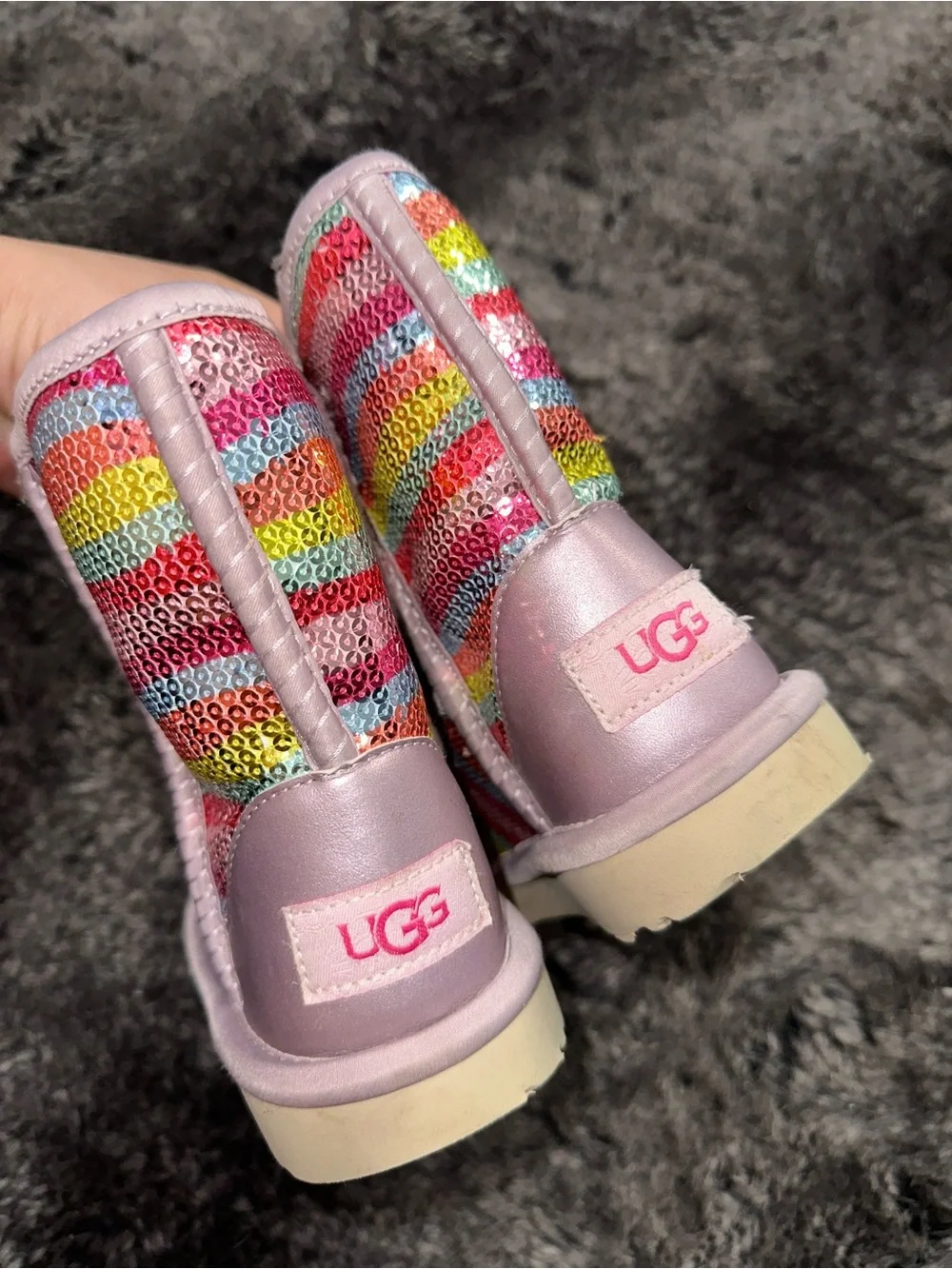 UGG Kids' Pink Blue Rainbow Mural Classic Short II Boots Sz 11 Whimsy Girly